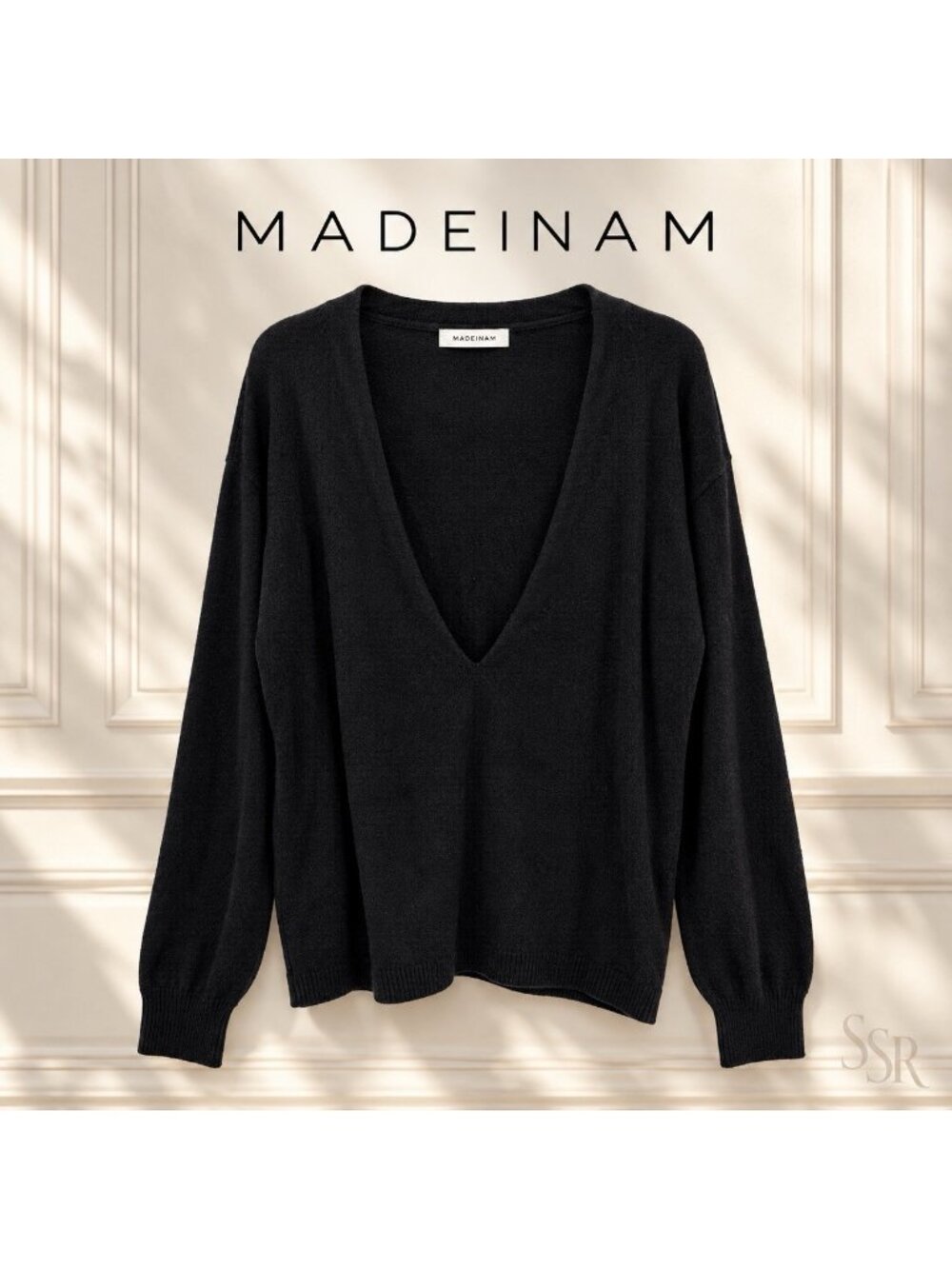 MADEINAM Lets Go Black Deep V Cashmere Sweater Womens Size L